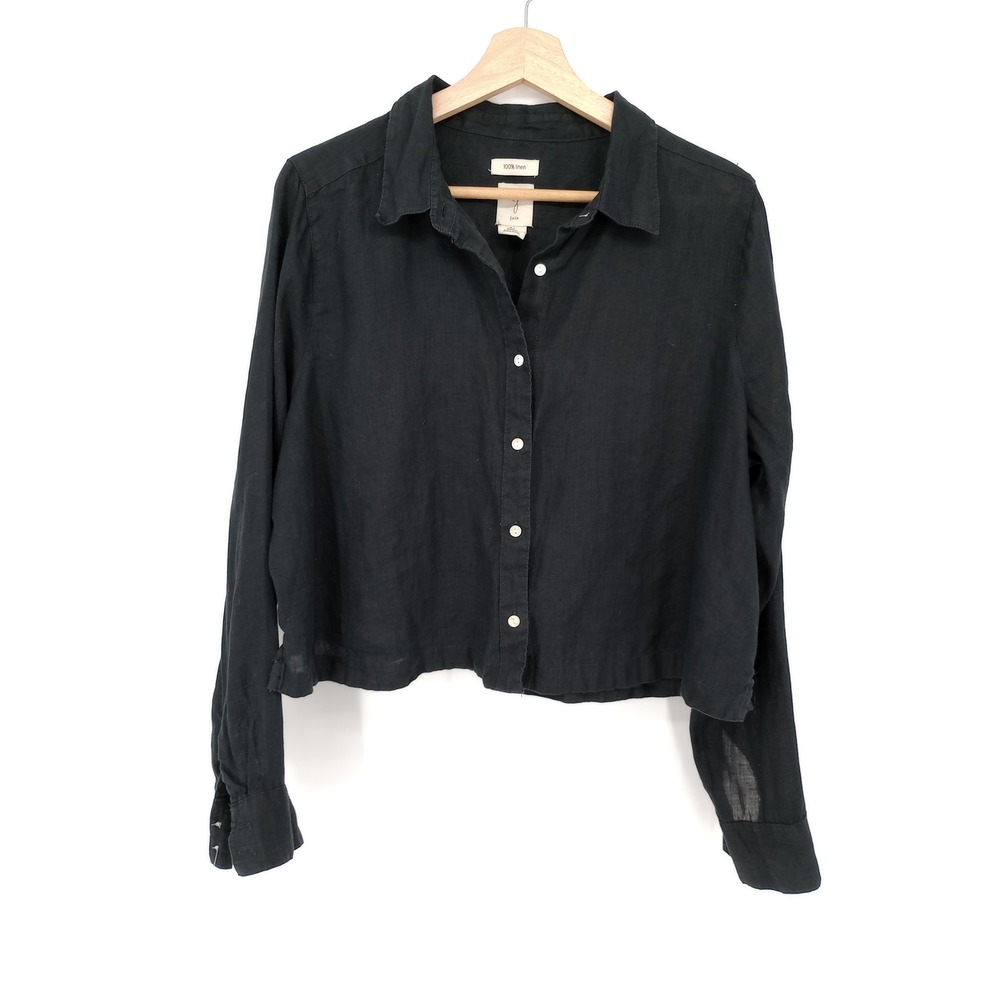 Joie Linen Button Up Shirt Womens Large Black Cropped Long Sleeve Top